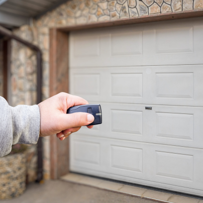 Waco security key fob pointing to a garage door