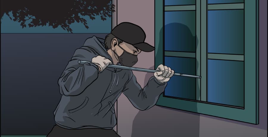 Illustration of burglar forcing entry through a window in Waco